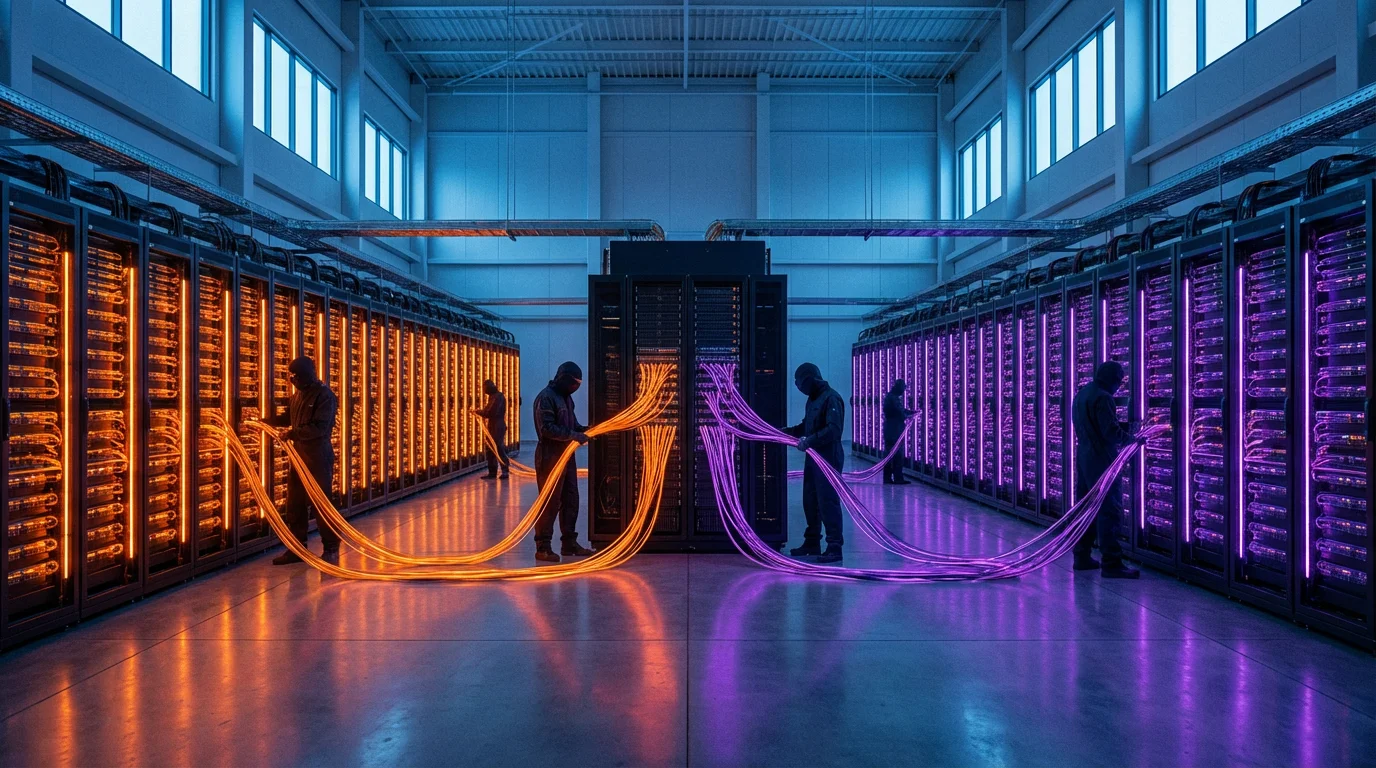 A wide shot of a data center with glowing orange and purple server racks merging.