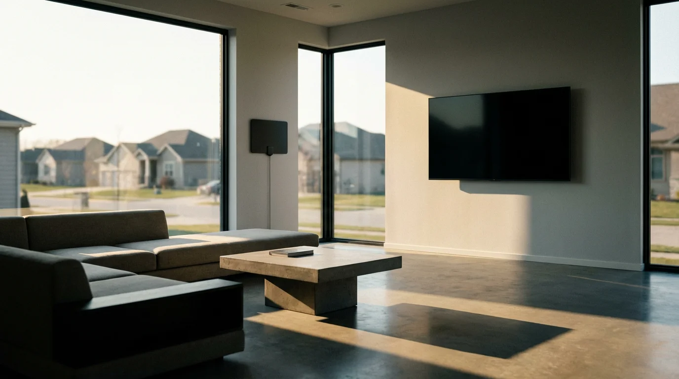 A wide shot of a modern living room with a flat indoor TV antenna.