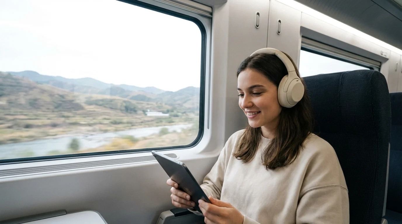 A woman in headphones watches a tablet on a train, representing offline entertainment viewing.