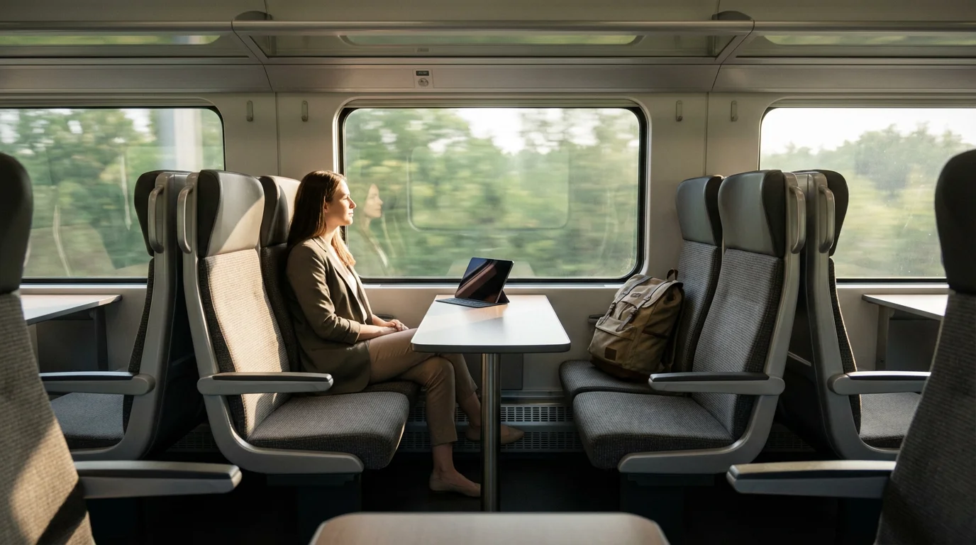 A woman on a morning commuter train, looking out the window with her tablet on the table.
