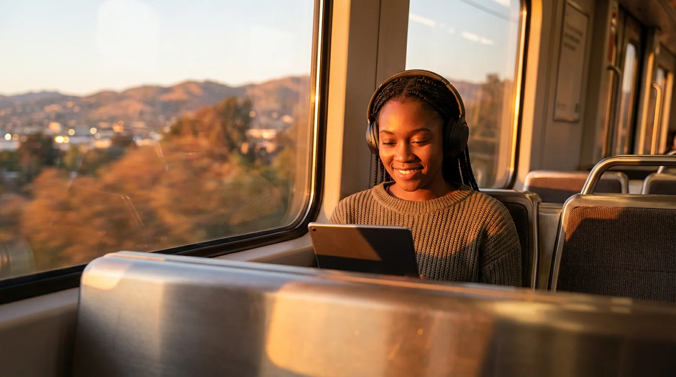 A woman on a train during golden hour watching a movie on her tablet.