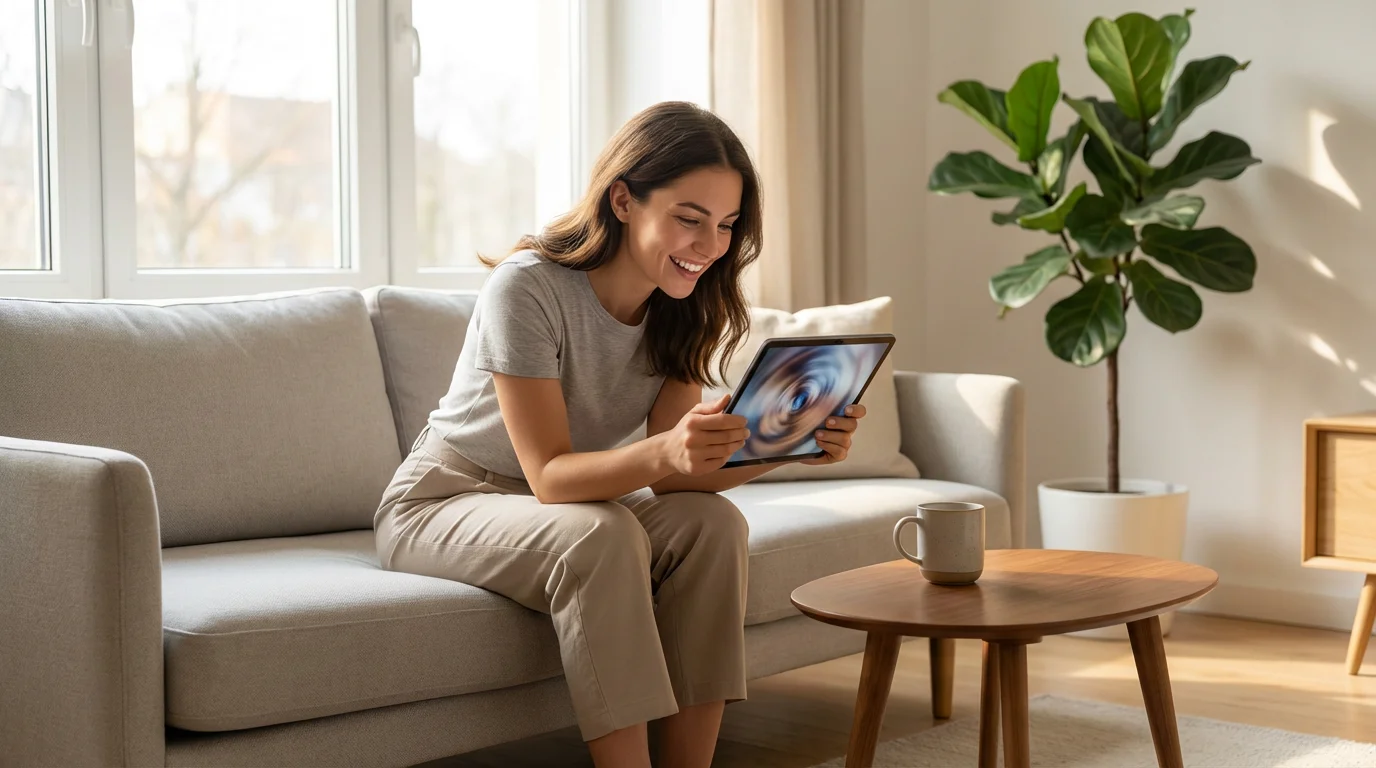 A woman relaxes on a sofa in a sunlit living room, watching a show on a tablet.
