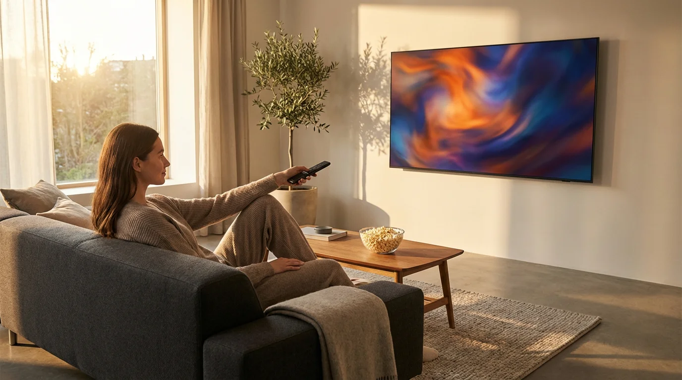 A woman relaxes on a sofa watching a TV with an abstract screen display.