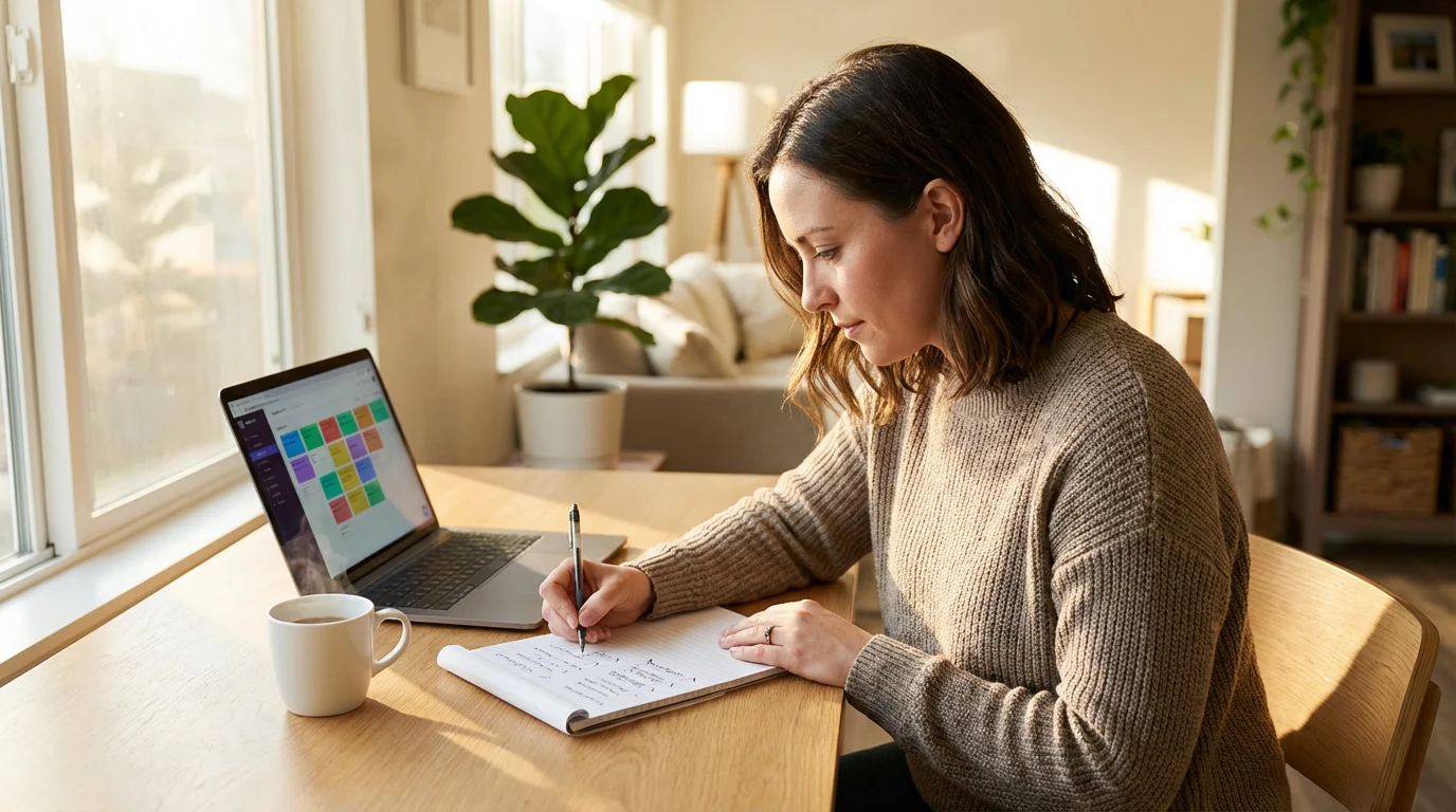 A woman sits at a desk with a laptop, writing a cord-cutting action plan.