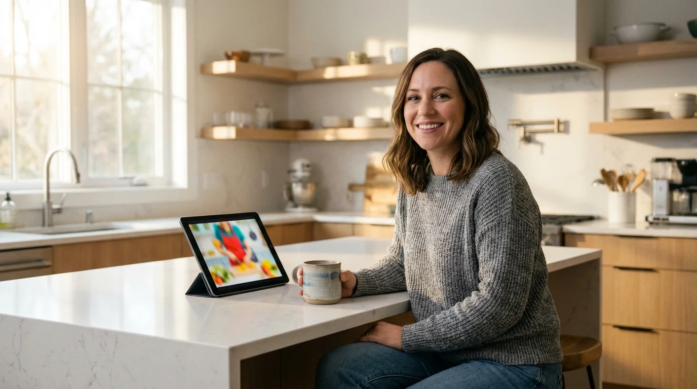 A woman smiles while watching a show on a tablet at her kitchen island.