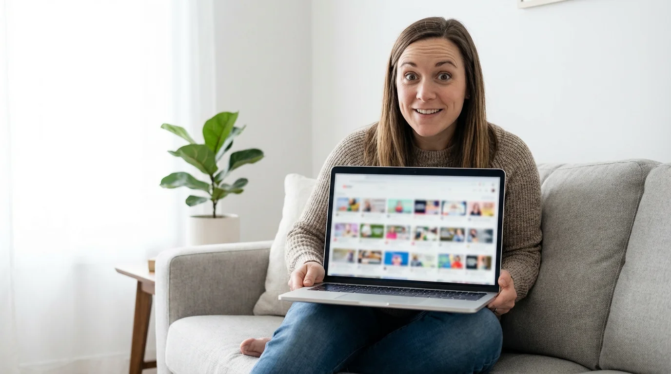 A woman smiling with pleasant surprise while browsing a streaming service on her laptop.