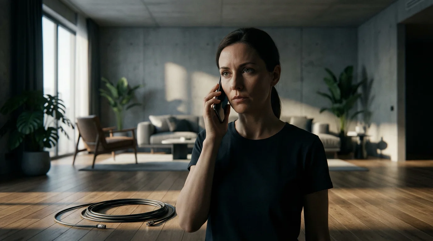 A woman stands in her apartment, seriously talking on her phone to cancel cable service.