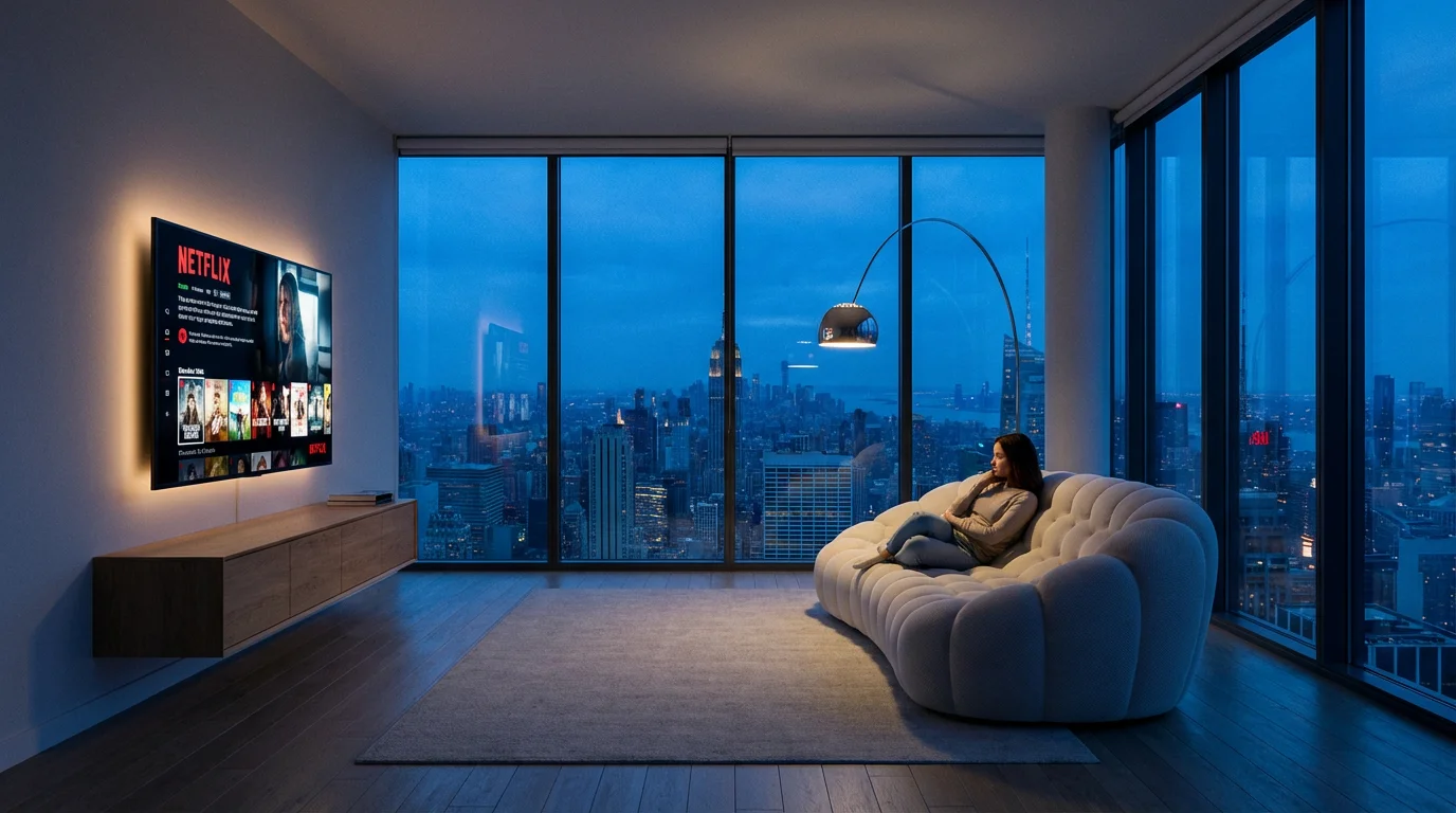 A woman streaming content on a TV in a modern apartment living room at dusk.