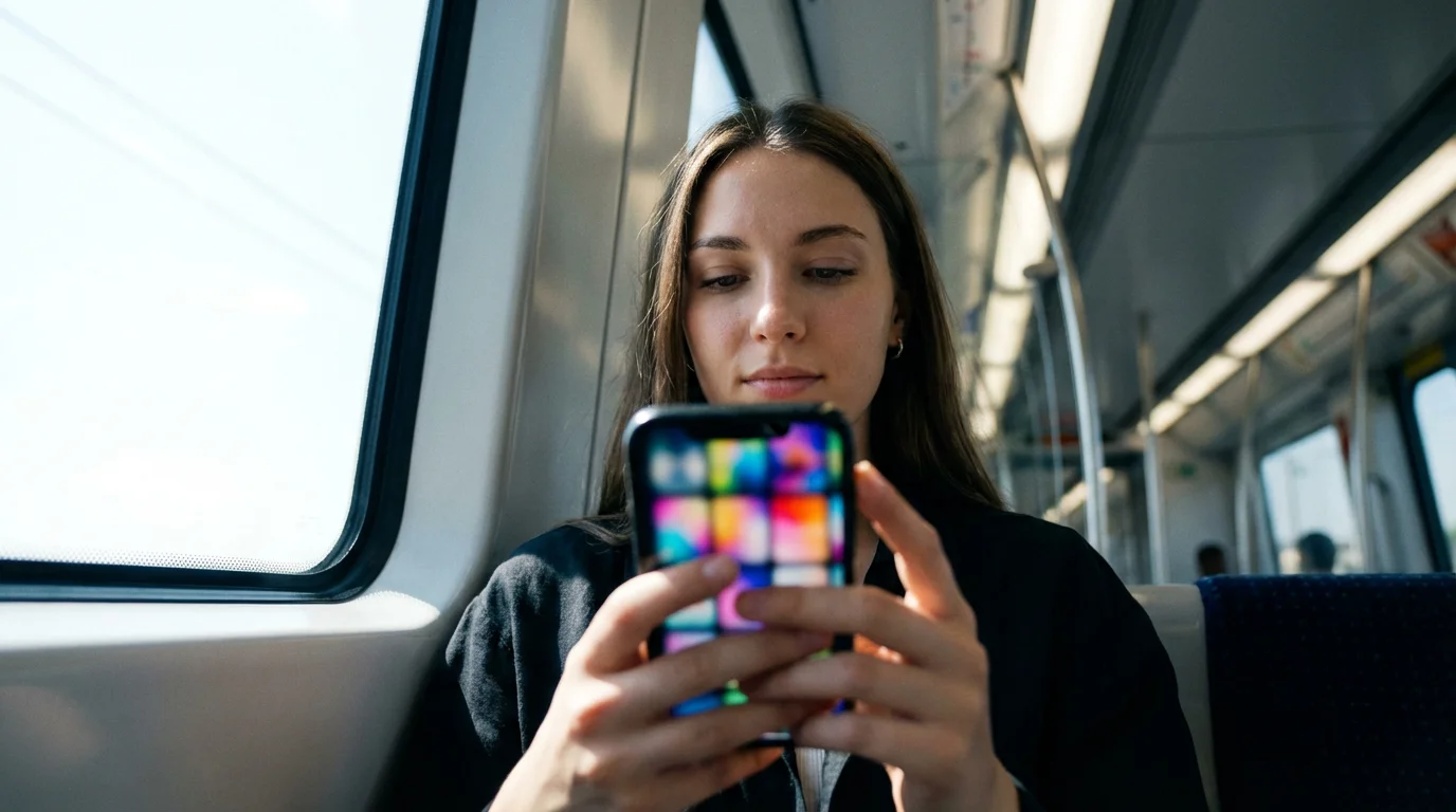 A woman streams movies on her smartphone while sitting by the window on a train.