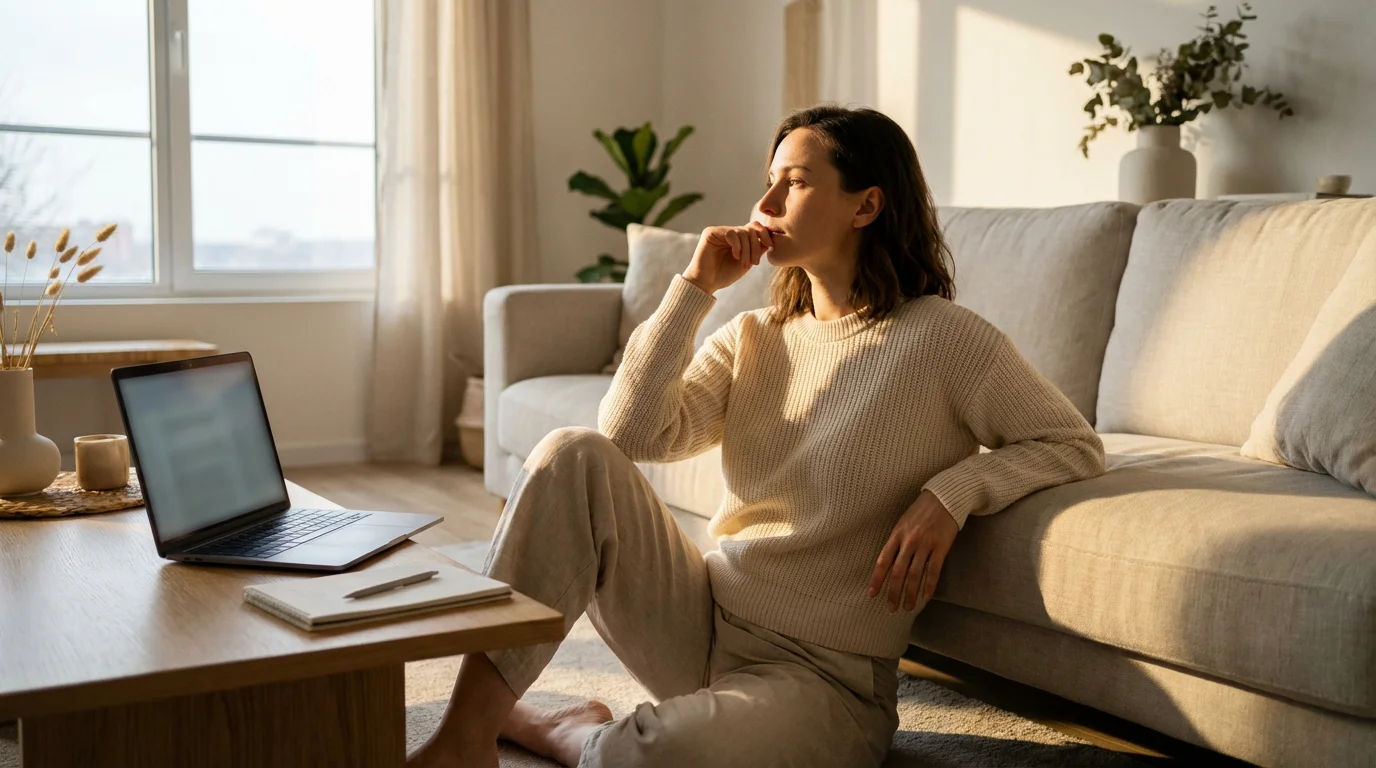 A woman thoughtfully considers her budget with a laptop in a sunlit living room.