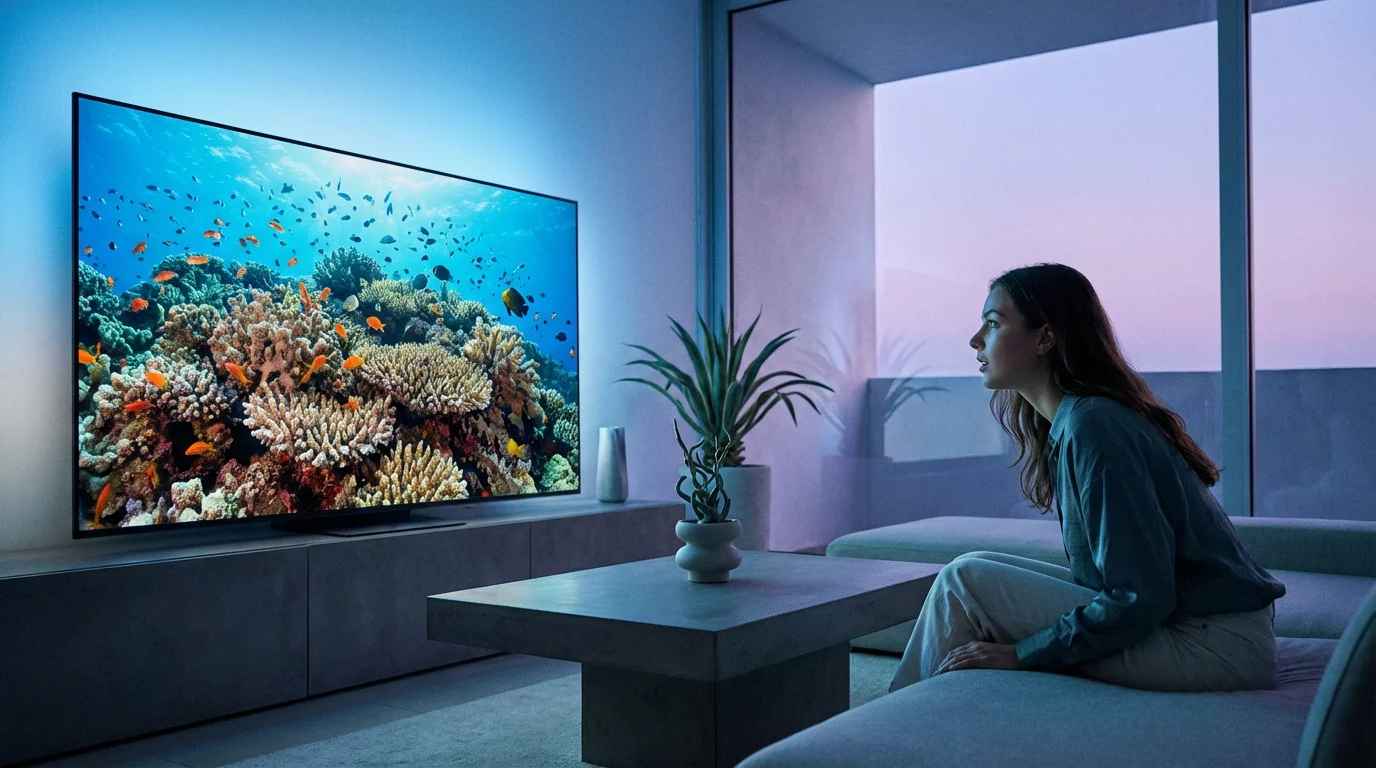 A woman watching a high-resolution nature scene on a large television at dusk.