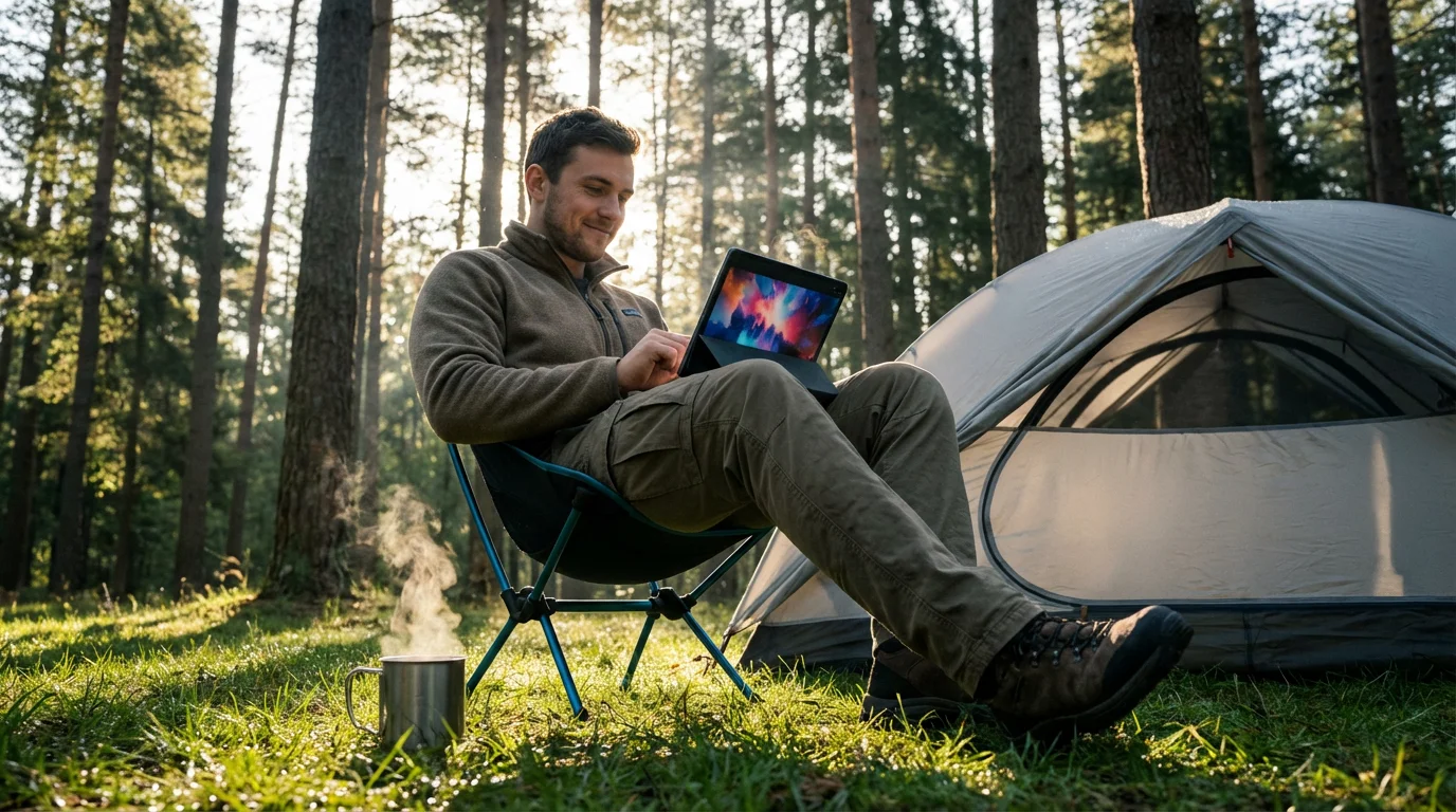 A young man watching a movie on a tablet at a campsite in the morning.