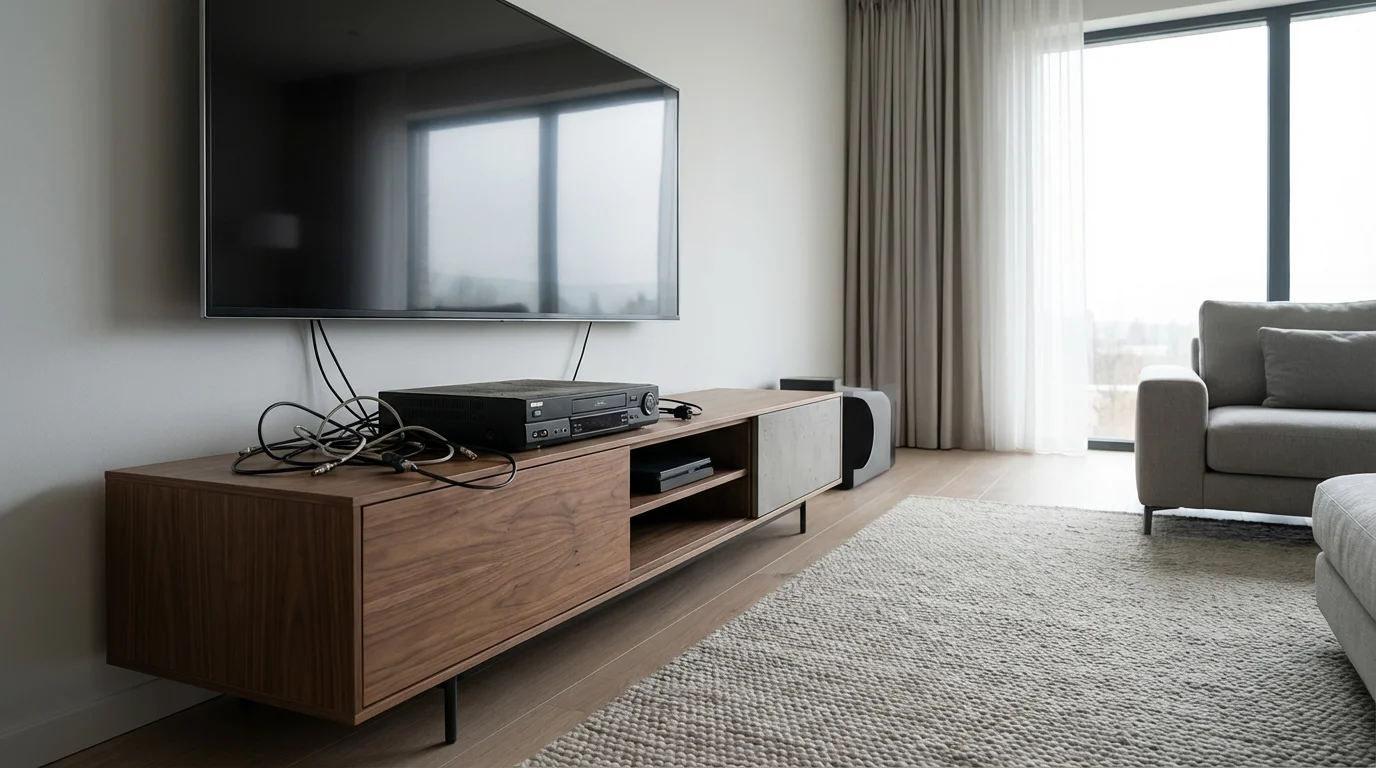 An old, unplugged DVR sits on a media console beneath a modern smart TV.