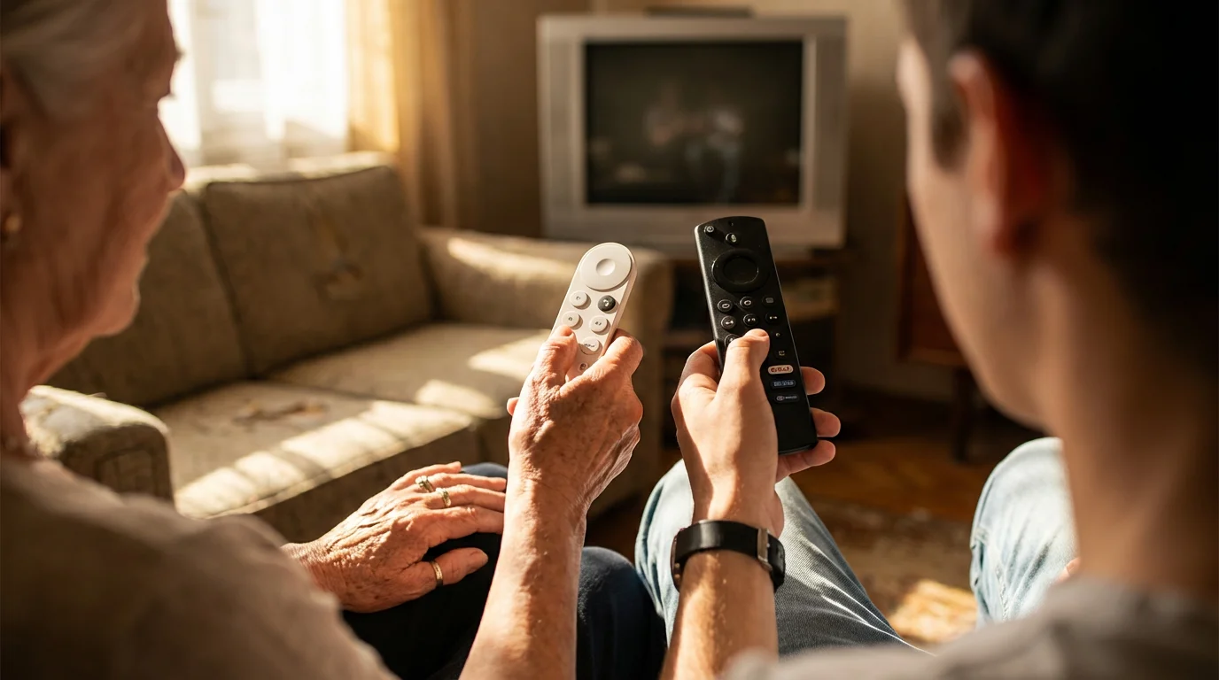 An older and a younger person's hands comparing two different streaming device remotes.