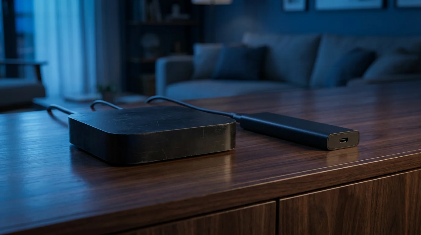 An older, bulky streaming box placed next to a sleek, modern streaming stick on a console.