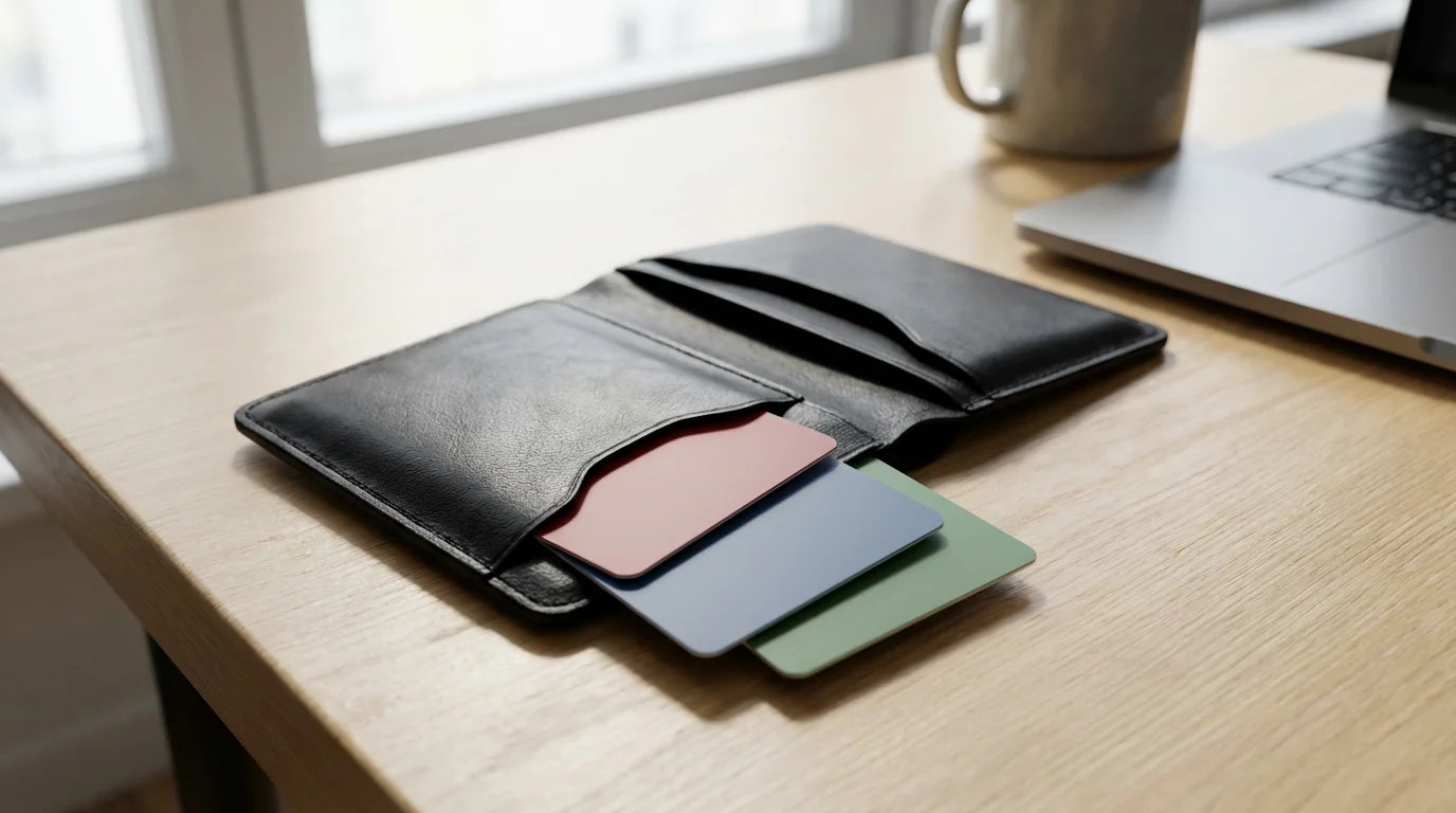 An open wallet with three blank, different colored cards on a modern wooden desk.