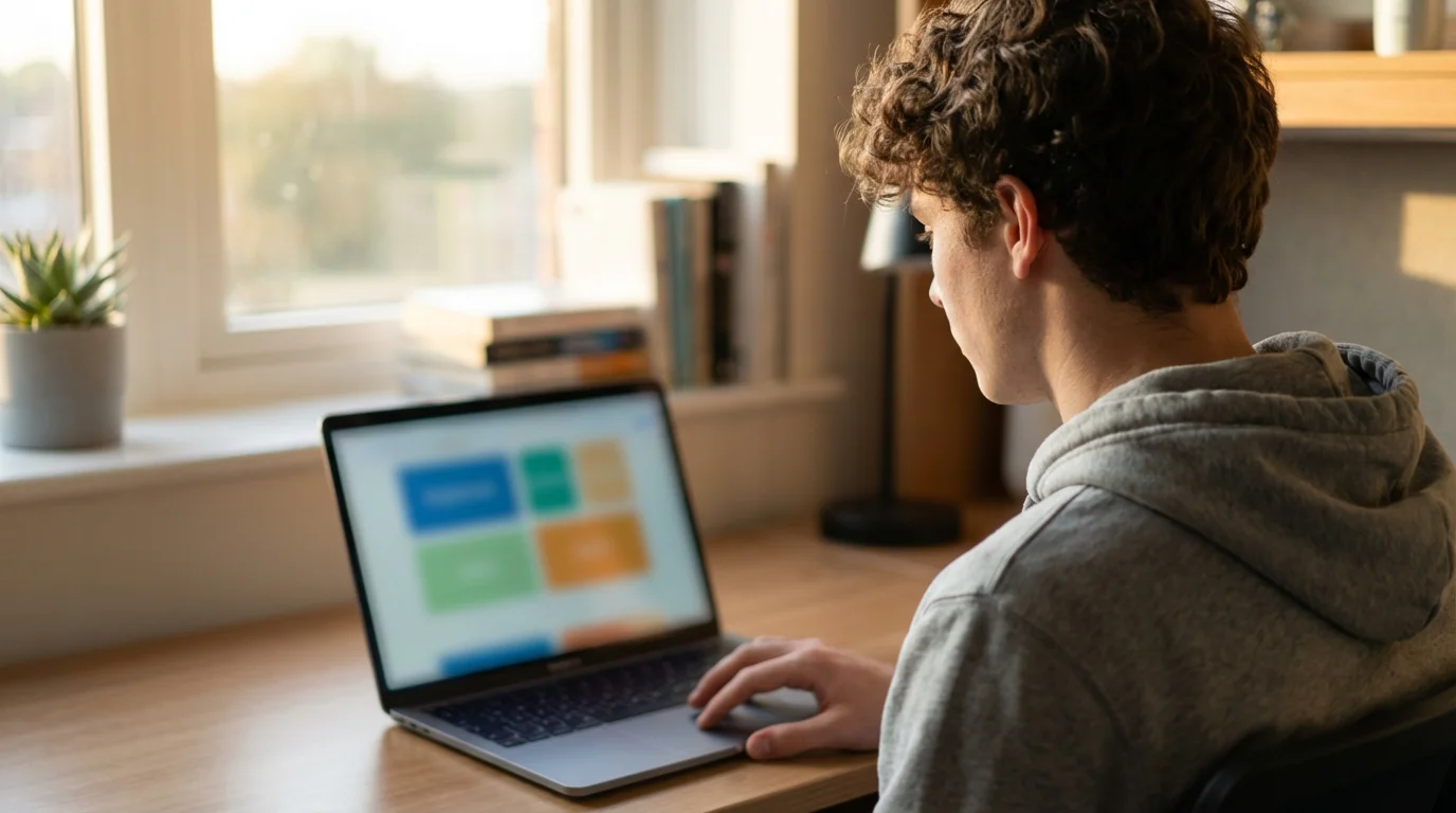 An over-the-shoulder photograph of a male student using a laptop in his dorm room.