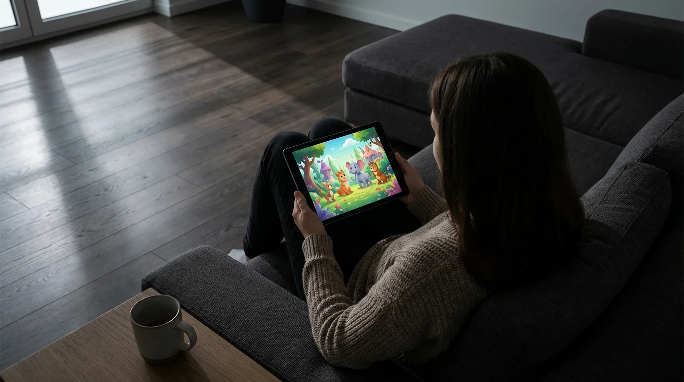 An over-the-shoulder shot of a person watching an animated show on a tablet.