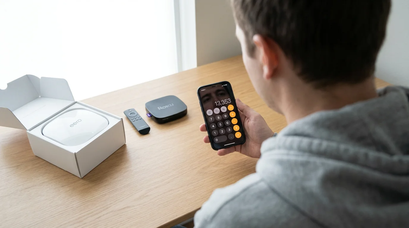 An over-the-shoulder view of a person calculating costs with streaming devices on a desk.