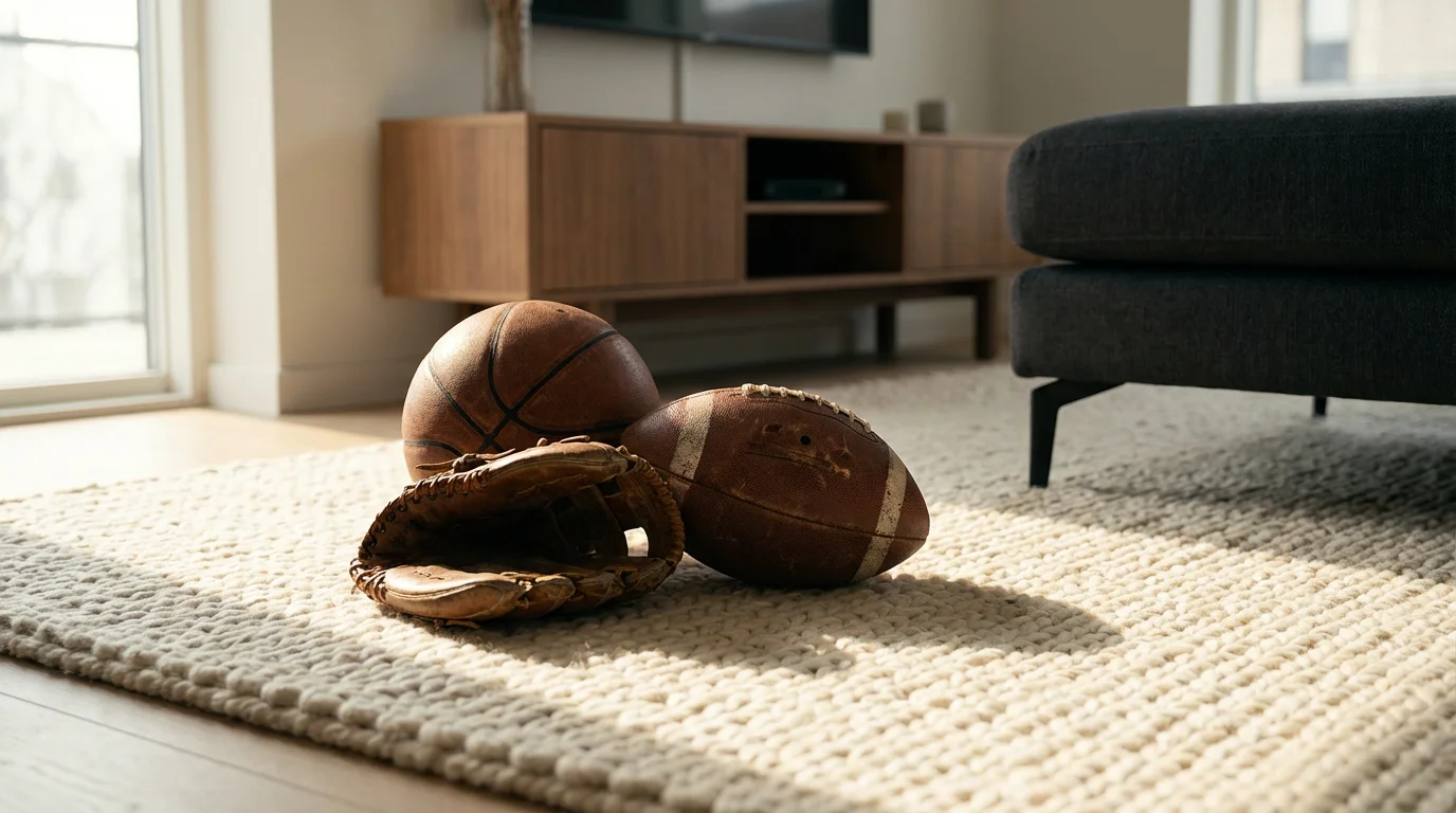 Basketball, football, and baseball glove on living room floor in natural light.