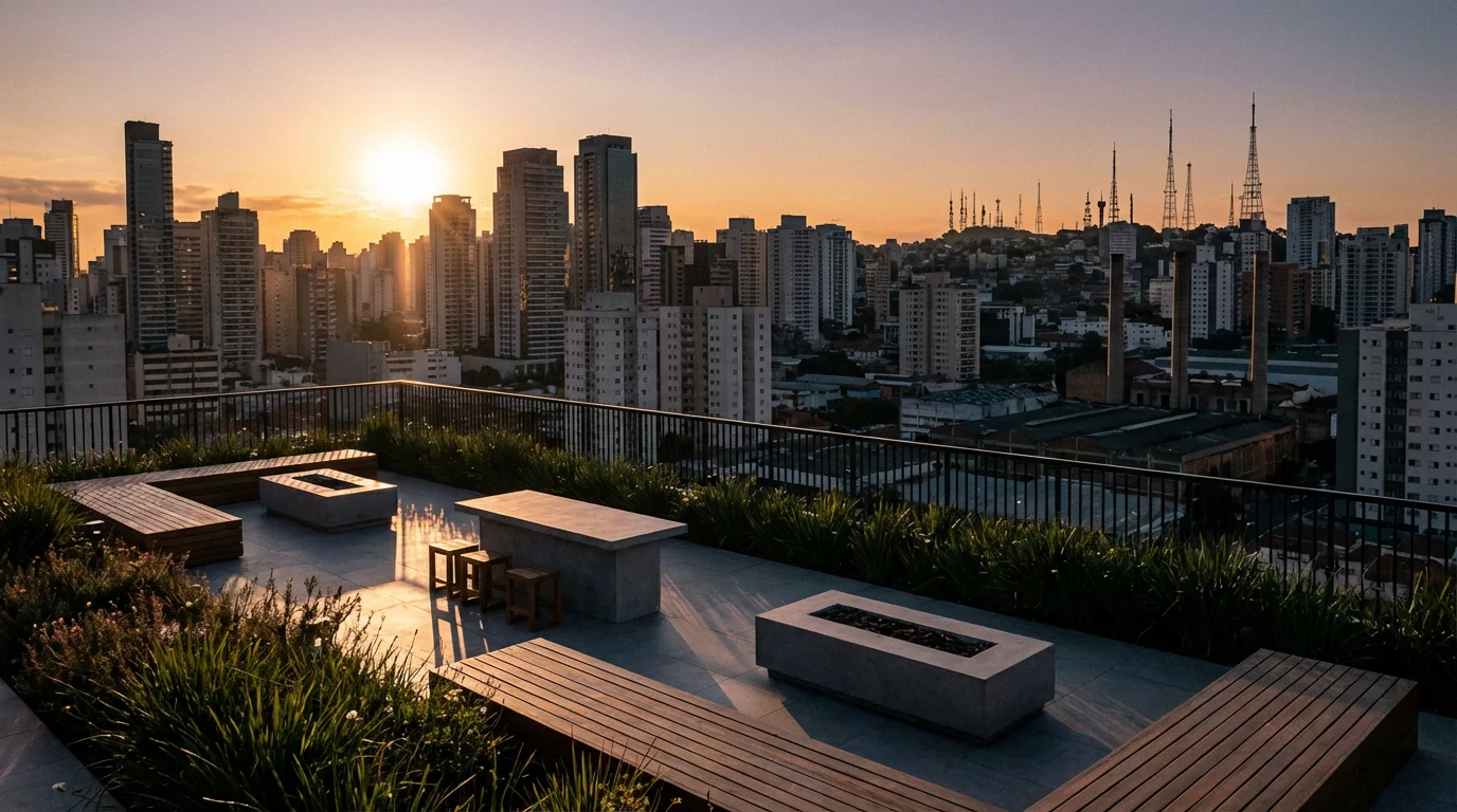 City skyline view from a rooftop terrace symbolizing local broadcast signal coverage.