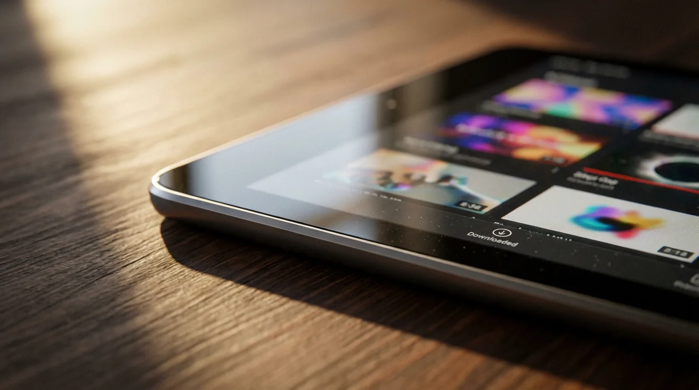 Close-up macro of a tablet with downloaded video thumbnails in moody afternoon light.
