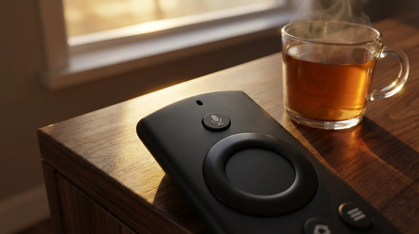 Close-up macro photo of a black Fire TV-style remote on a wood table.