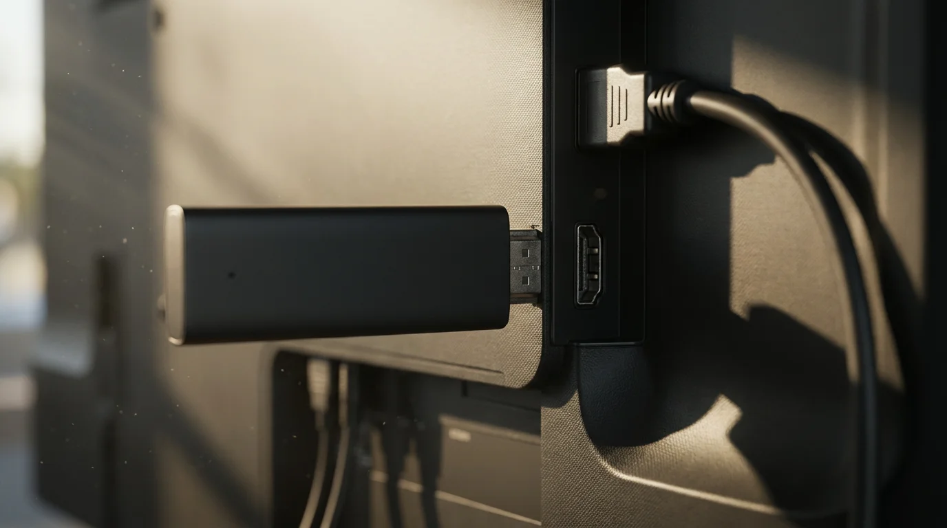 Close-up macro photo of a black streaming stick plugged into a television's HDMI port.