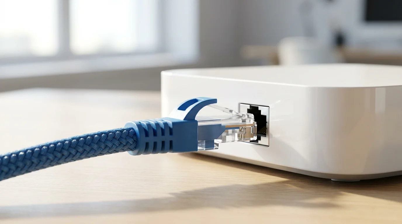 Close-up macro photo of a blue ethernet cable plugging into a white internet router.