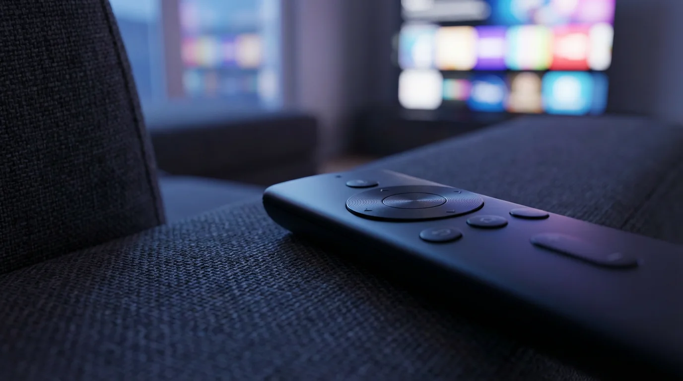 Close-up macro photo of a generic black streaming remote on a sofa at twilight.