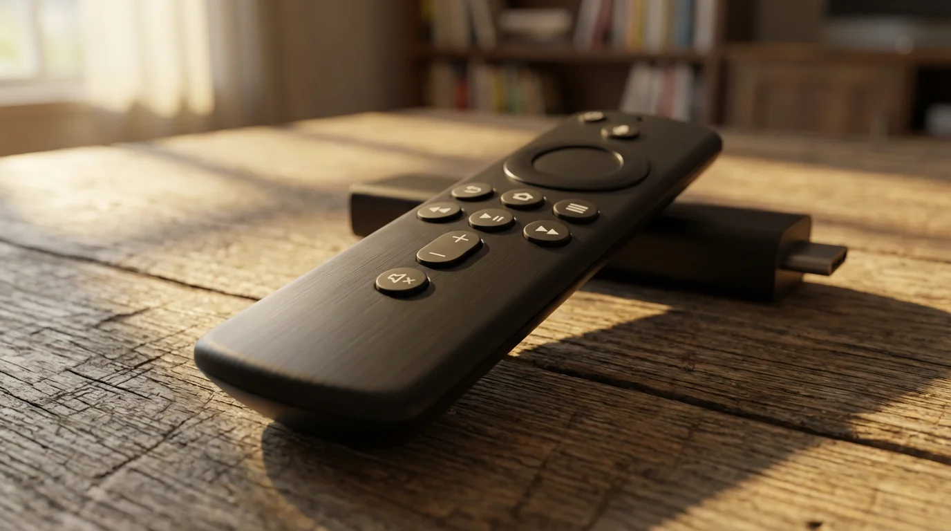Close-up macro photo of a generic streaming remote and stick on a wood table.