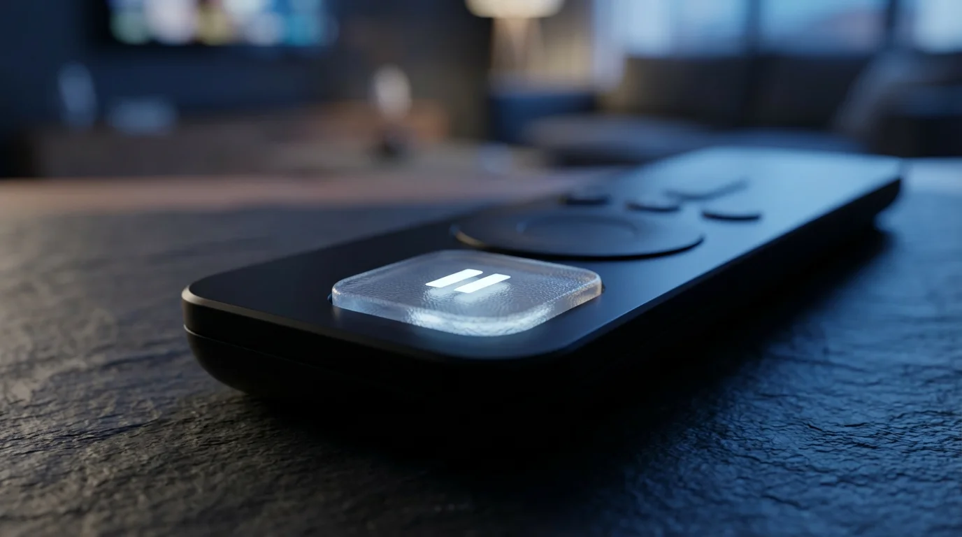 Close-up macro photo of a glowing pause button on a modern TV remote.