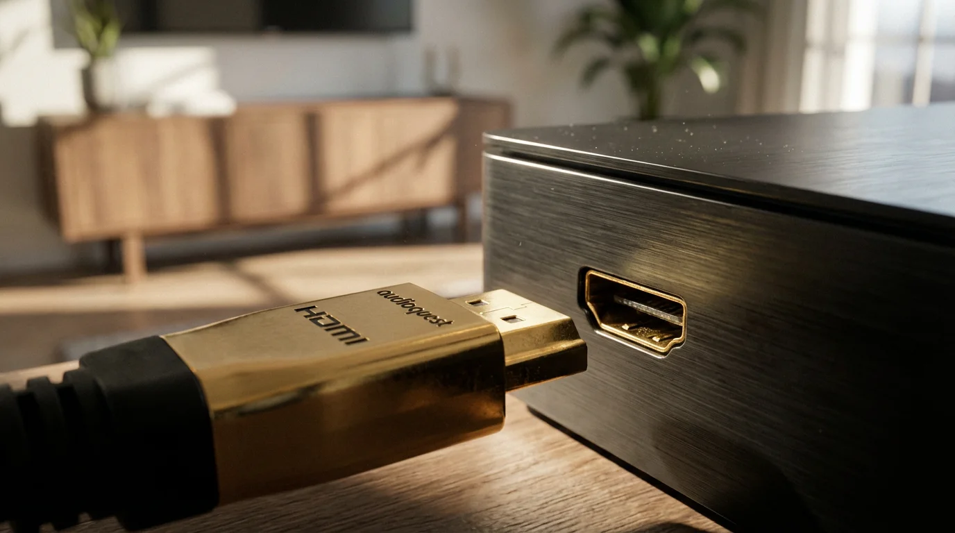 Close-up macro photo of a high-speed HDMI cable being plugged into a media device.