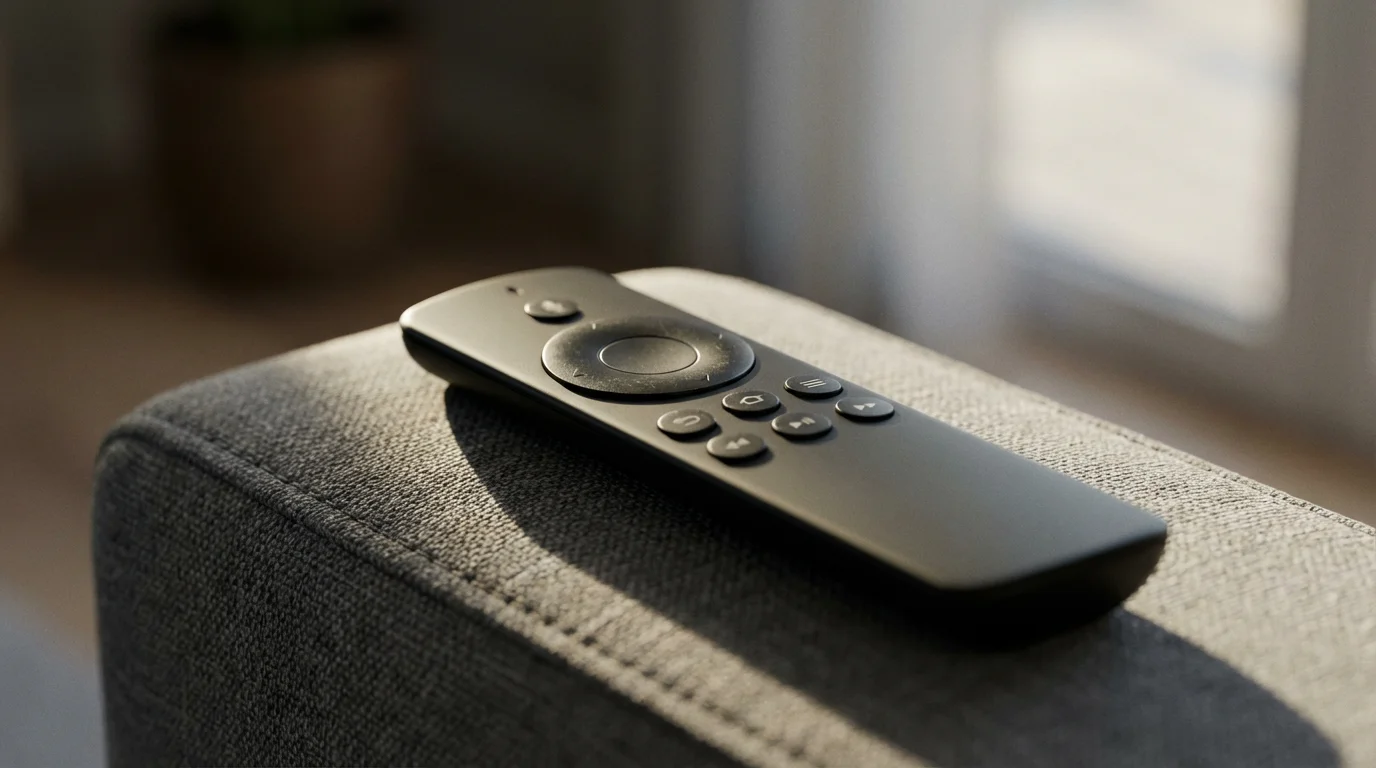 Close-up macro photo of a modern black TV remote on a grey fabric sofa.