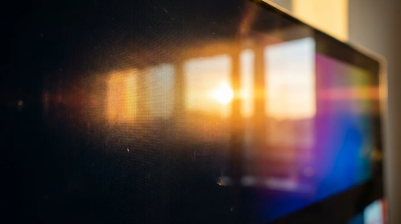 Close-up macro photo of a modern TV screen with a warm golden hour reflection.