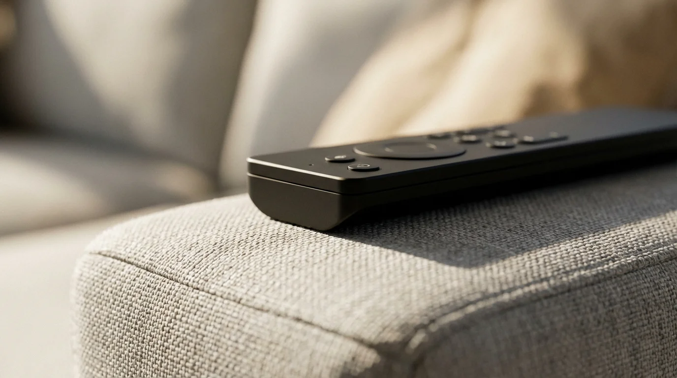 Close-up macro photo of a premium black remote control on a fabric sofa arm.