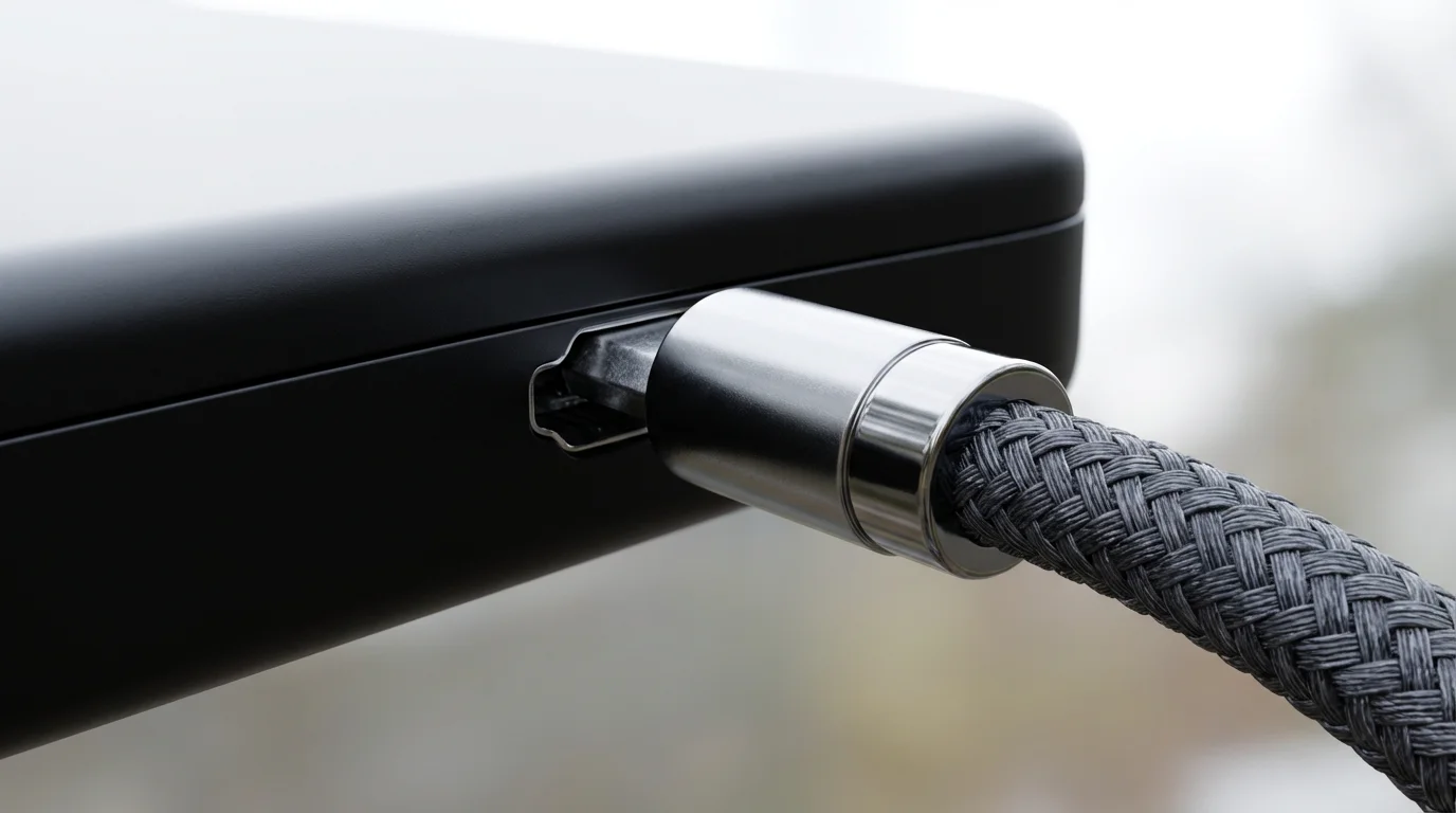 Close-up macro photo of a premium cable being plugged into a modern streaming device.