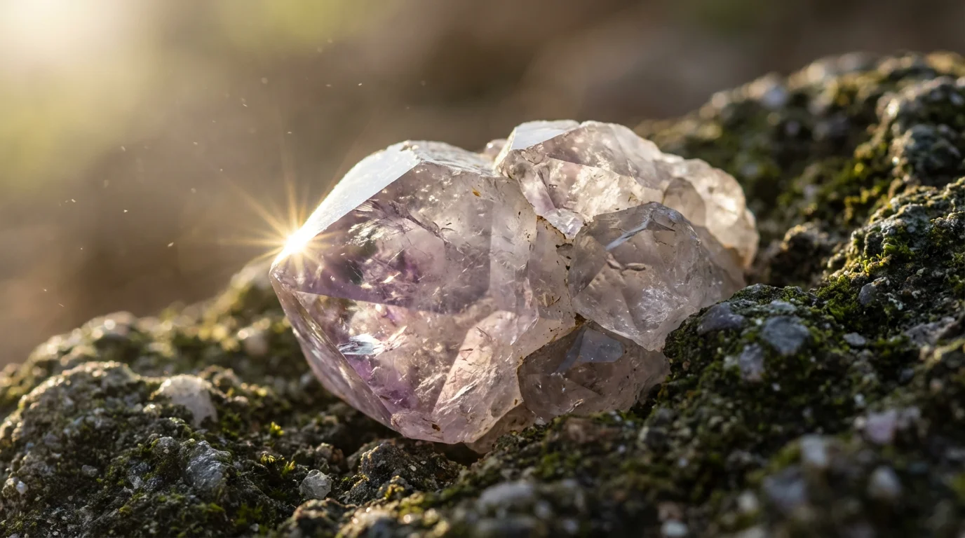 Close-up macro photo of a raw gemstone sparkling in dark rock, representing a hidden gem.