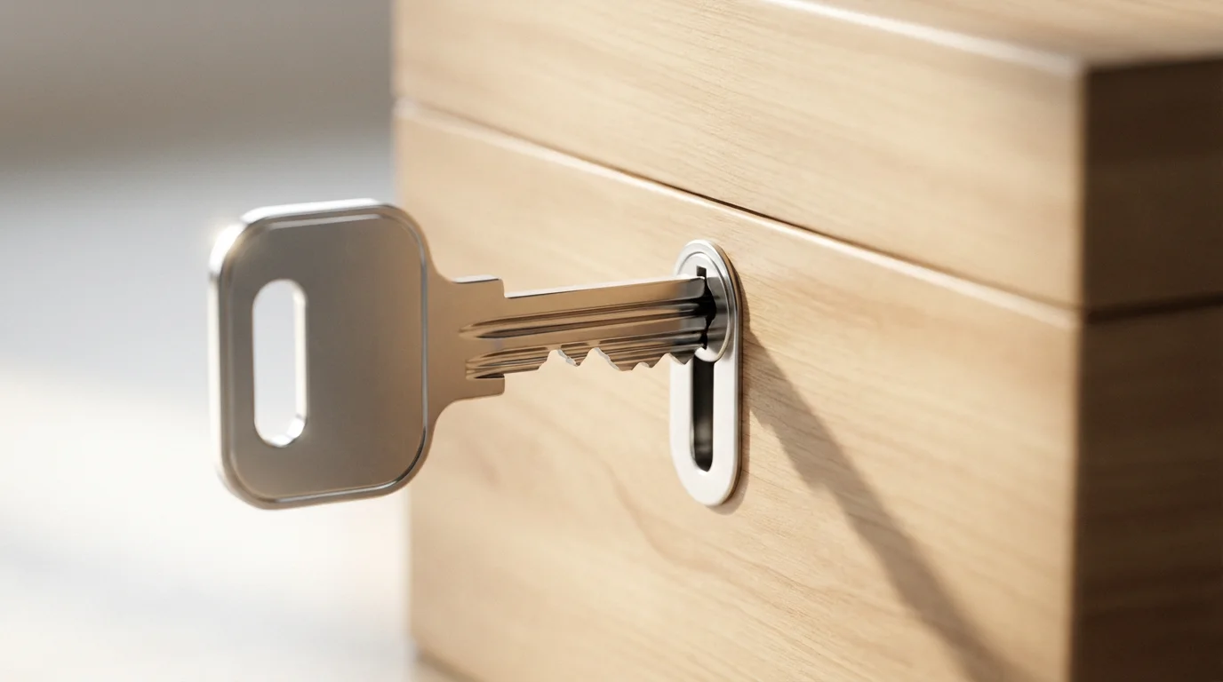 Close-up macro photo of a silver key unlocking a modern wooden box in morning light.
