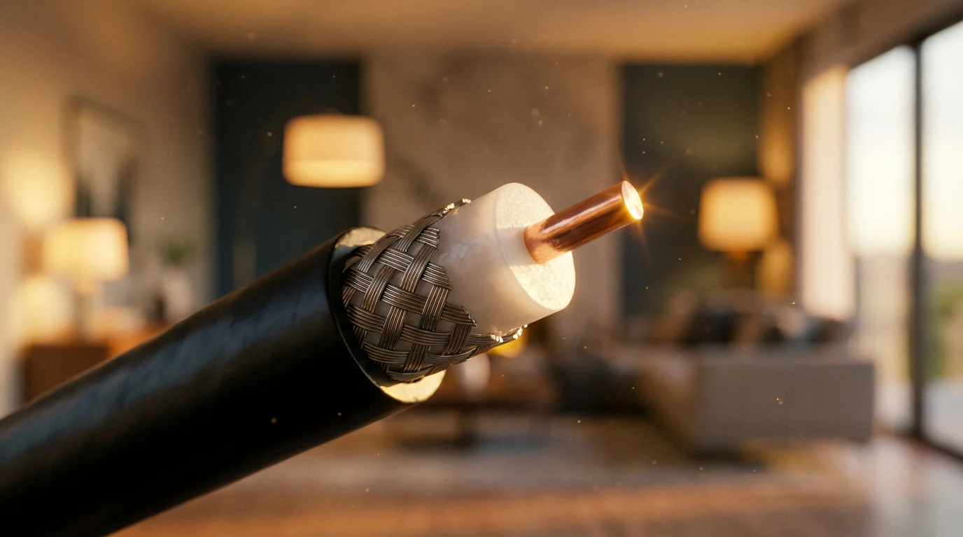 Close-up macro photo of a snipped coaxial cable during golden hour, symbolizing cord-cutting.