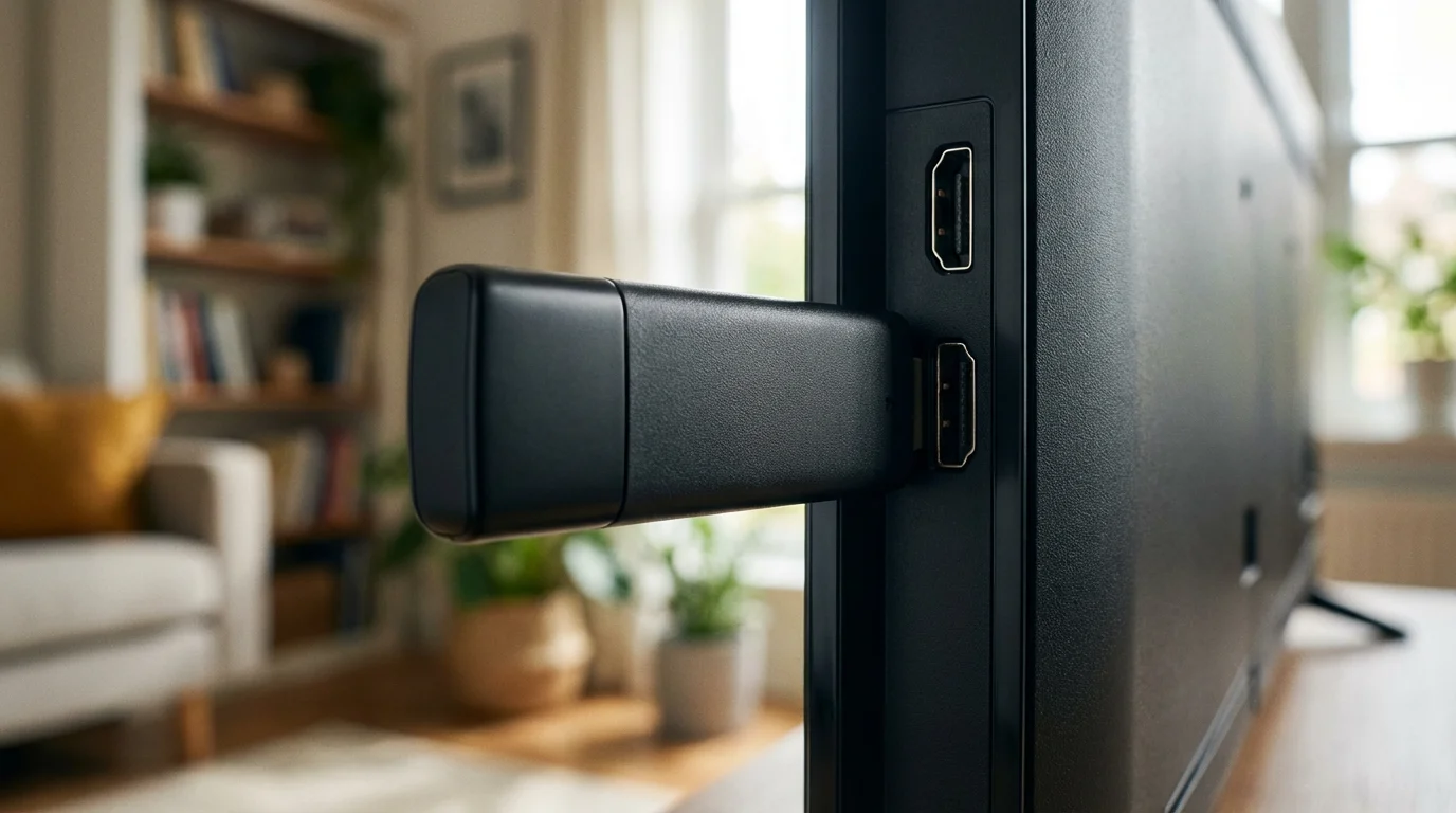 Close-up macro photo of a streaming stick plugged into a TV HDMI port.