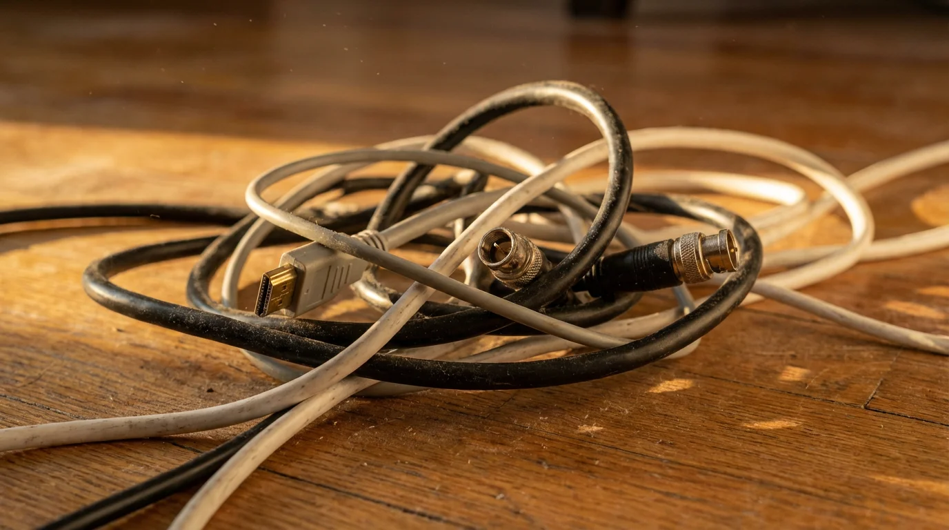 Close-up macro photo of a tangled, dusty knot of various electronic cables on a floor.