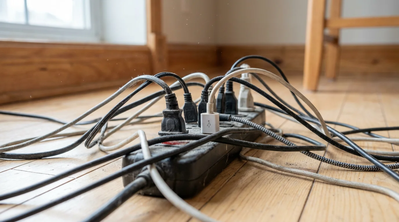 Close-up macro photo of a tangled mess of electronic cables and a power strip.