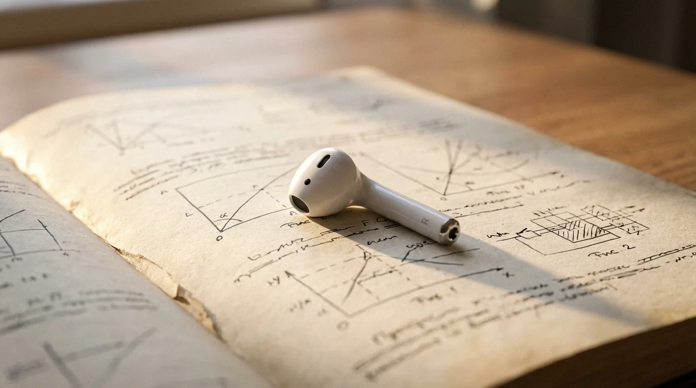 Close-up macro photo of a wireless earbud resting on an open textbook page.