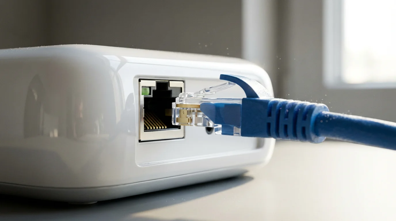 Close-up macro photo of an ethernet cable plugging into a modern internet modem.
