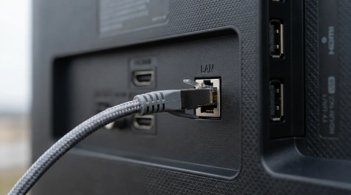Close-up macro photo of an ethernet cable plugged into the LAN port of a smart TV.