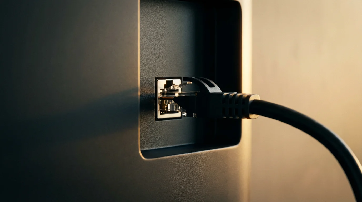 Close-up macro photo of an ethernet cable plugged into the back of a television.