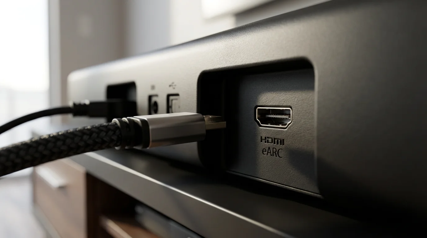 Close-up macro photo of an HDMI cable about to plug into a soundbar port.