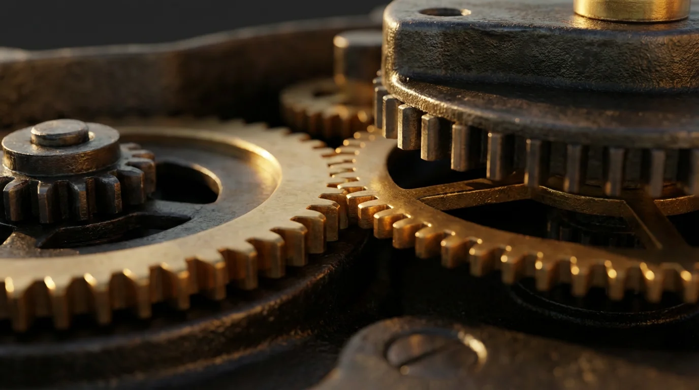 Close-up macro photo of intricate, interlocking metal gears illuminated by warm golden light.