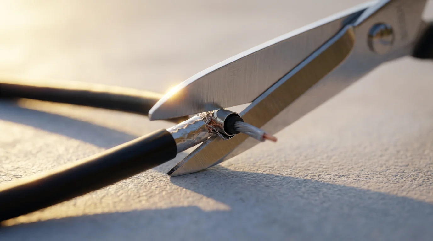 Close-up macro photo of scissors cutting a black coaxial cable during golden hour.
